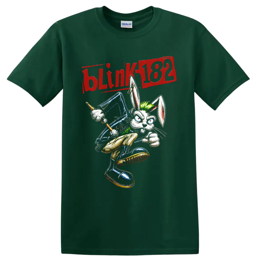 Blink-182 rabbit drummer punk rock cartoon graphic with distressed lettering on a Forest Green T Shirt