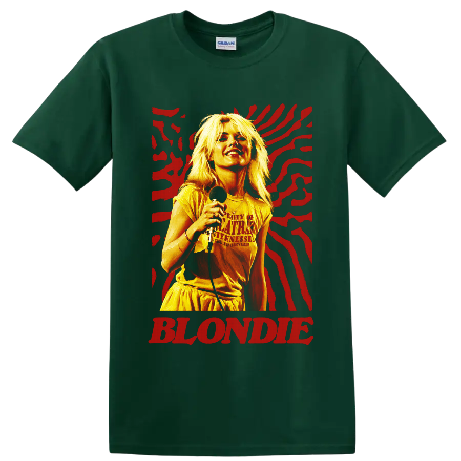 Blondie singer with microphone and red graphic stripes on a Forest Green T Shirt