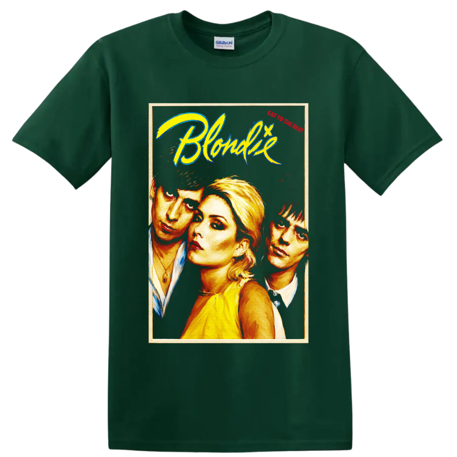 Blondie rock band portrait graphic with bold retro lettering on a Forest Green T Shirt