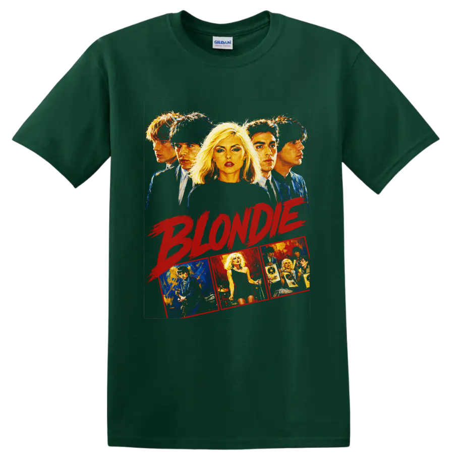 Blondie retro rock band portrait collage with bold red lettering on a Forest Green T Shirt