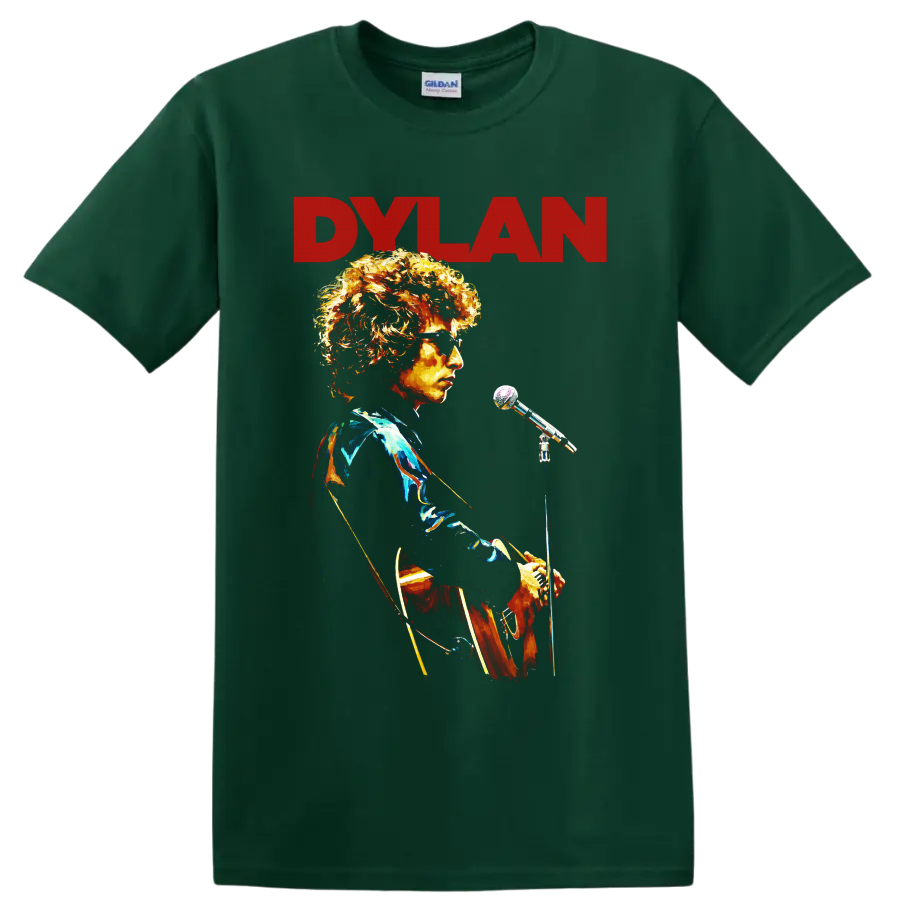 Bob Dylan folk rock performance portrait with DYLAN text on a Forest Green T Shirt