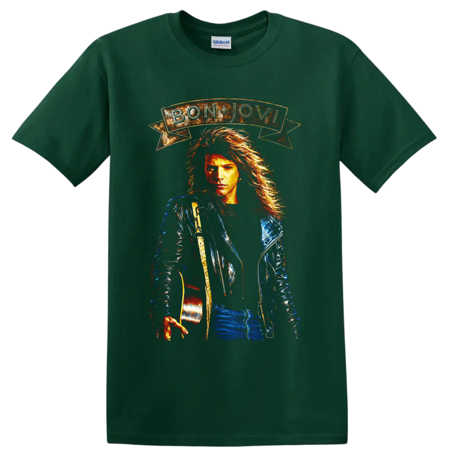 Bon Jovi guitarist portrait with banner and vintage rock artwork on a Forest Green T Shirt