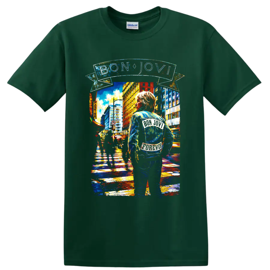 Bon Jovi urban street art design with BON JOVI banner and denim-jacketed figure on a Forest Green T Shirt