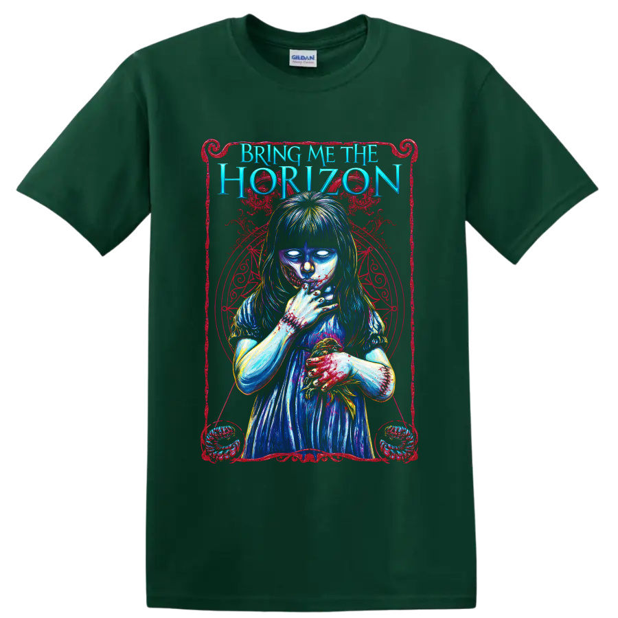 Bring Me the Horizon gothic horror girl graphic with blue and red artwork on a Forest Green T Shirt