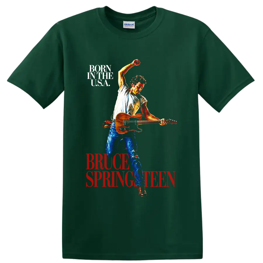 Bruce Springsteen Born in the USA vintage guitar performance graphic on a Forest Green T Shirt
