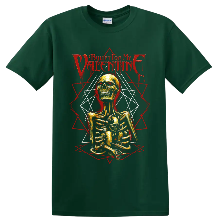 Bullet for My Valentine gothic skeleton graphic with red geometric linework on a Forest Green T Shirt
