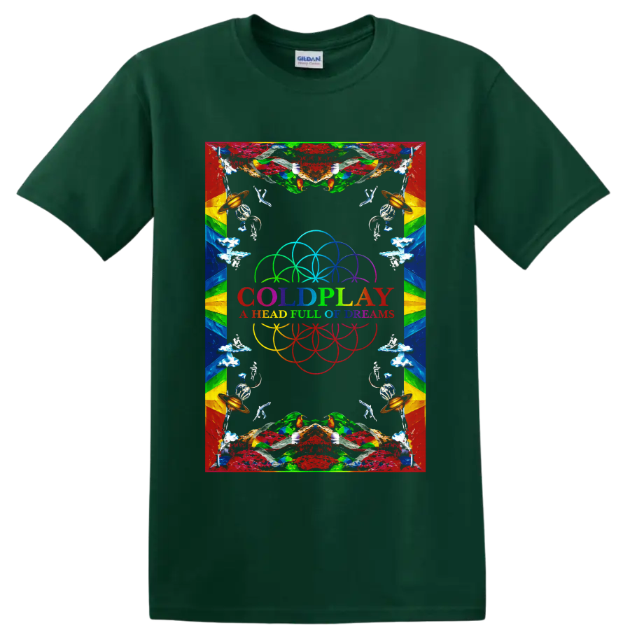 Coldplay psychedelic rainbow dream symbols graphic with band text on a Forest Green T Shirt