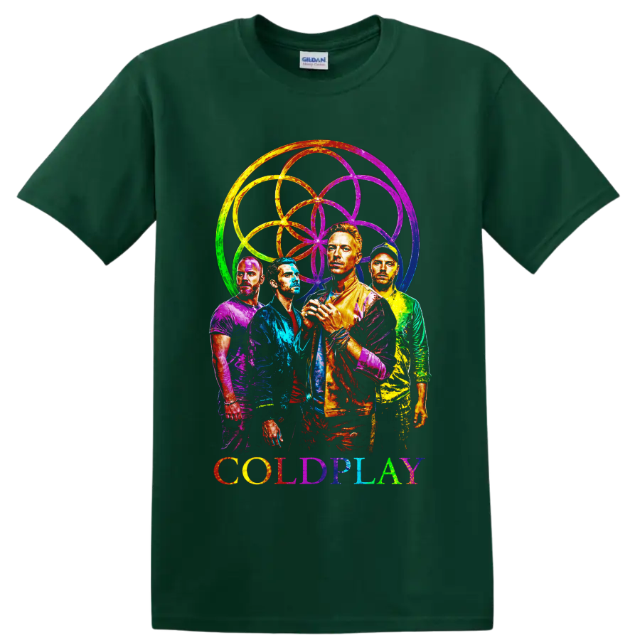 Coldplay band portraits with colorful rainbow circular graphic and logo on a Forest Green T Shirt