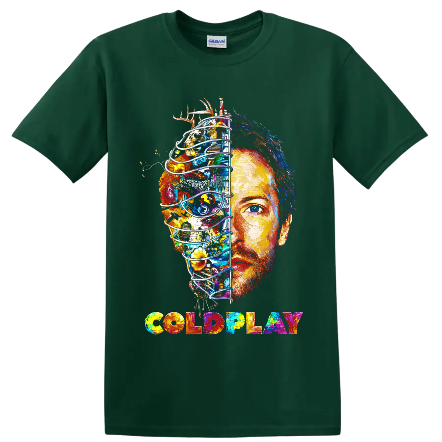 Coldplay colorful split-face portrait graphic with multicolored band lettering on a Forest Green T Shirt