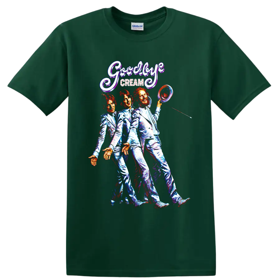 Cream rock band vintage Goodbye concert graphic with three performers on a Forest Green T Shirt