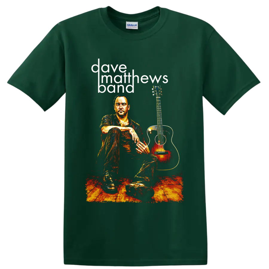 Dave Matthews Band guitarist with acoustic guitar and bold lettering on a Forest Green T Shirt
