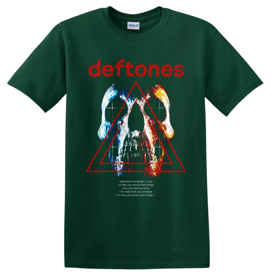 Deftones distressed skull and red triangle rock graphic with band name on a Forest Green T Shirt
