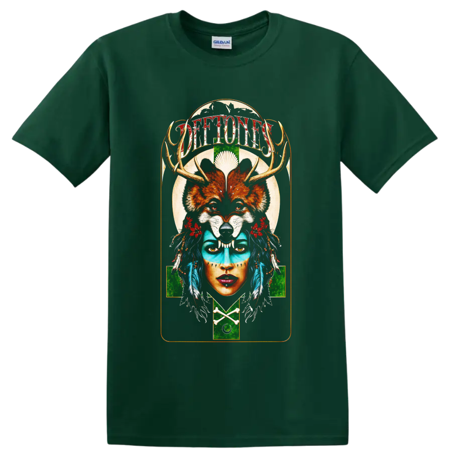 Deftones fox skull portrait graphic with antlers, feathers, and flowers on a Forest Green T Shirt