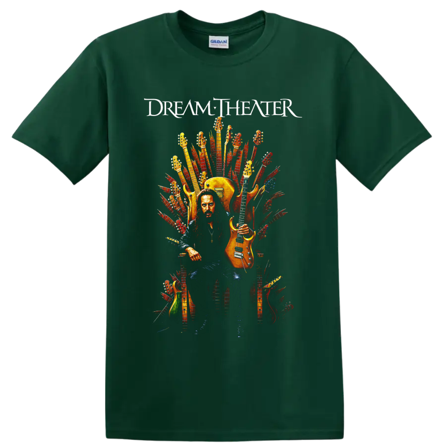 Dream Theater guitarist seated on an electric guitar throne graphic print on a Forest Green T Shirt