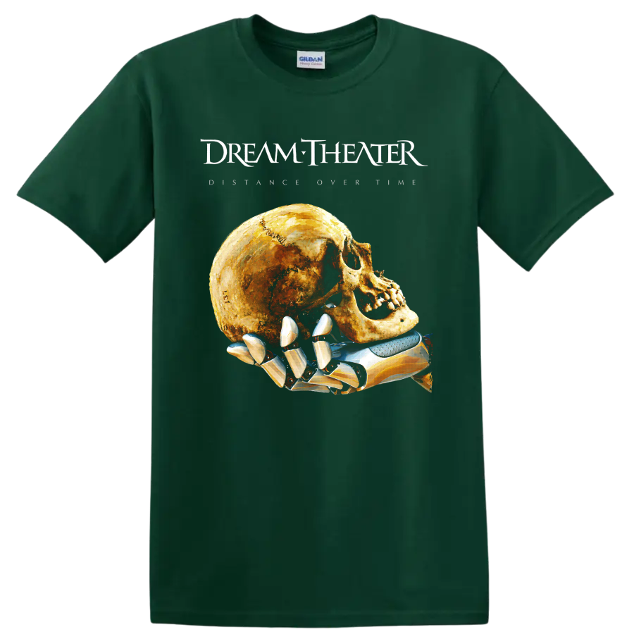 Dream Theater progressive rock skull and robotic hand graphic print on a Forest Green T Shirt