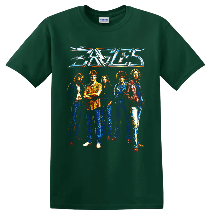 Eagles rock band five-member portrait with metallic logo graphic on a Forest Green T Shirt