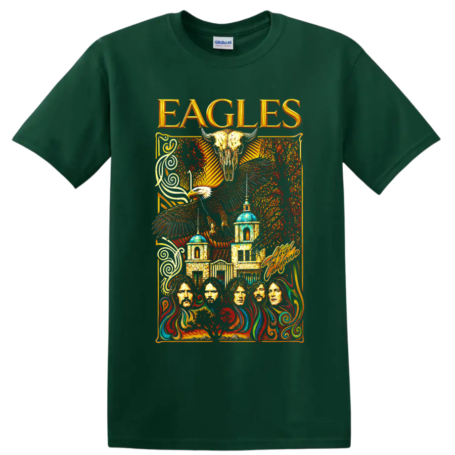 Eagles rock band vintage desert concert artwork with eagle skull on a Forest Green T Shirt
