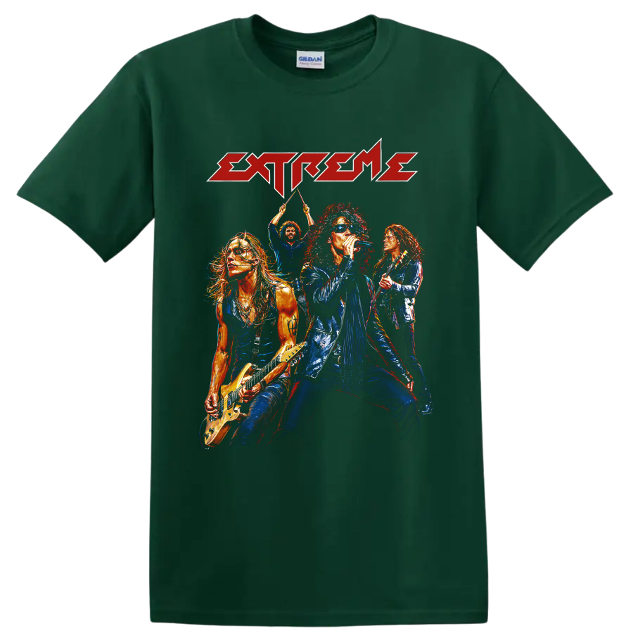 Extreme rock band concert graphic with singer, guitarists, drummer, and logo on a Forest Green T Shirt