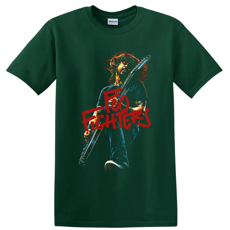 Foo Fighters guitarist rock artwork with bold red lettering on a Forest Green T Shirt