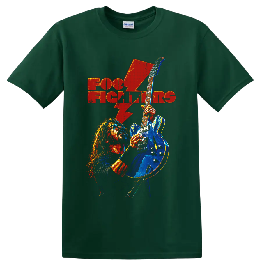 Foo Fighters guitarist with blue electric guitar, red lightning bolt, and band text on a Forest Green T Shirt