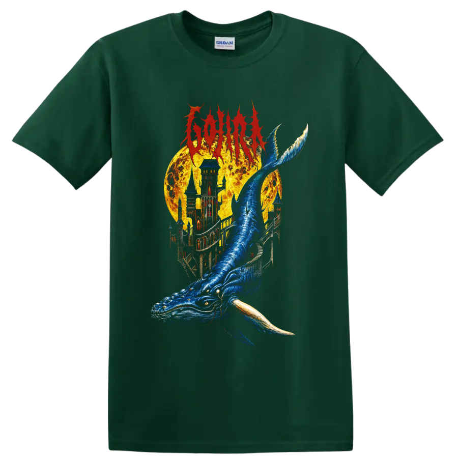 Gojira metal graphic with blue whale, fiery castle, and fantasy artwork on a Forest Green T Shirt