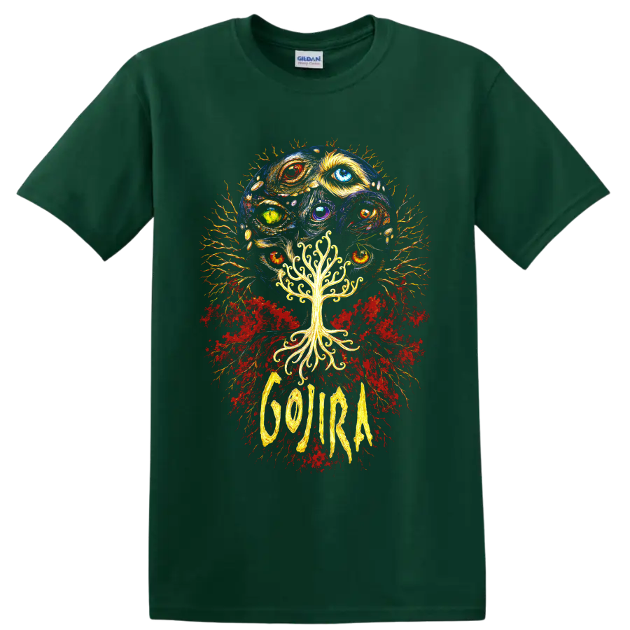 Gojira psychedelic cosmic eyes and glowing tree graphic print on a Forest Green T Shirt