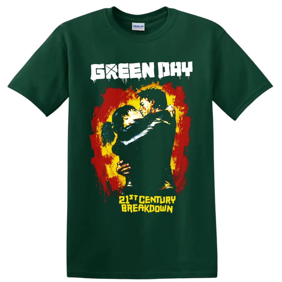 Green Day 21st Century Breakdown distressed punk rock embracing couple graphic on a Forest Green T Shirt