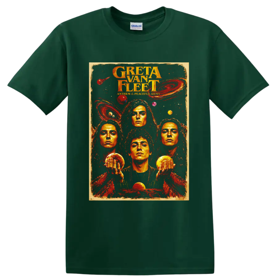 Greta Van Fleet psychedelic cosmic rock poster with four portraits on a Forest Green T Shirt