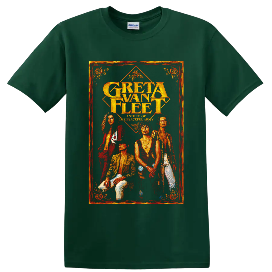 Greta Van Fleet vintage rock band portrait graphic with gold lettering on a Forest Green T Shirt