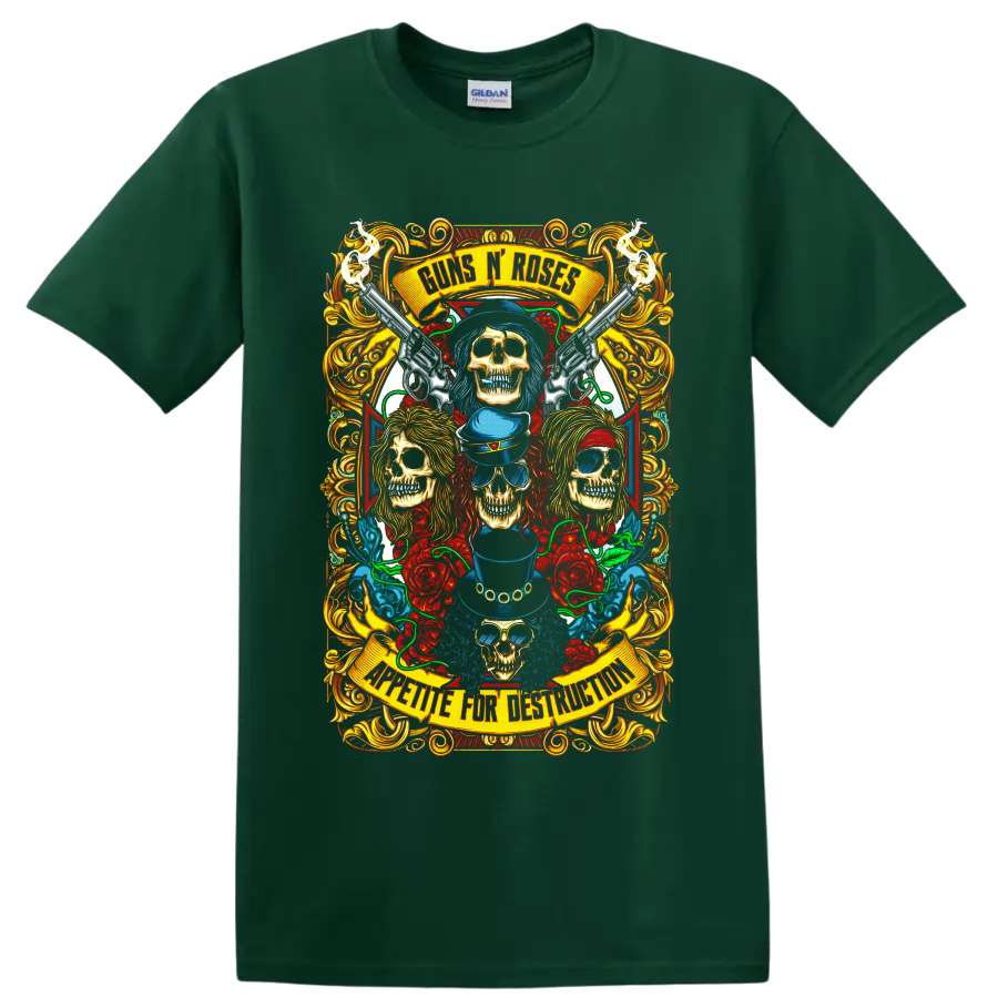 Guns N' Roses skull, revolvers, roses, and ornate gothic rock graphic on a Forest Green T Shirt