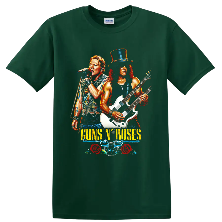 Guns N' Roses rock band graphic with singer, guitarist, roses, and pistols on a Forest Green T Shirt
