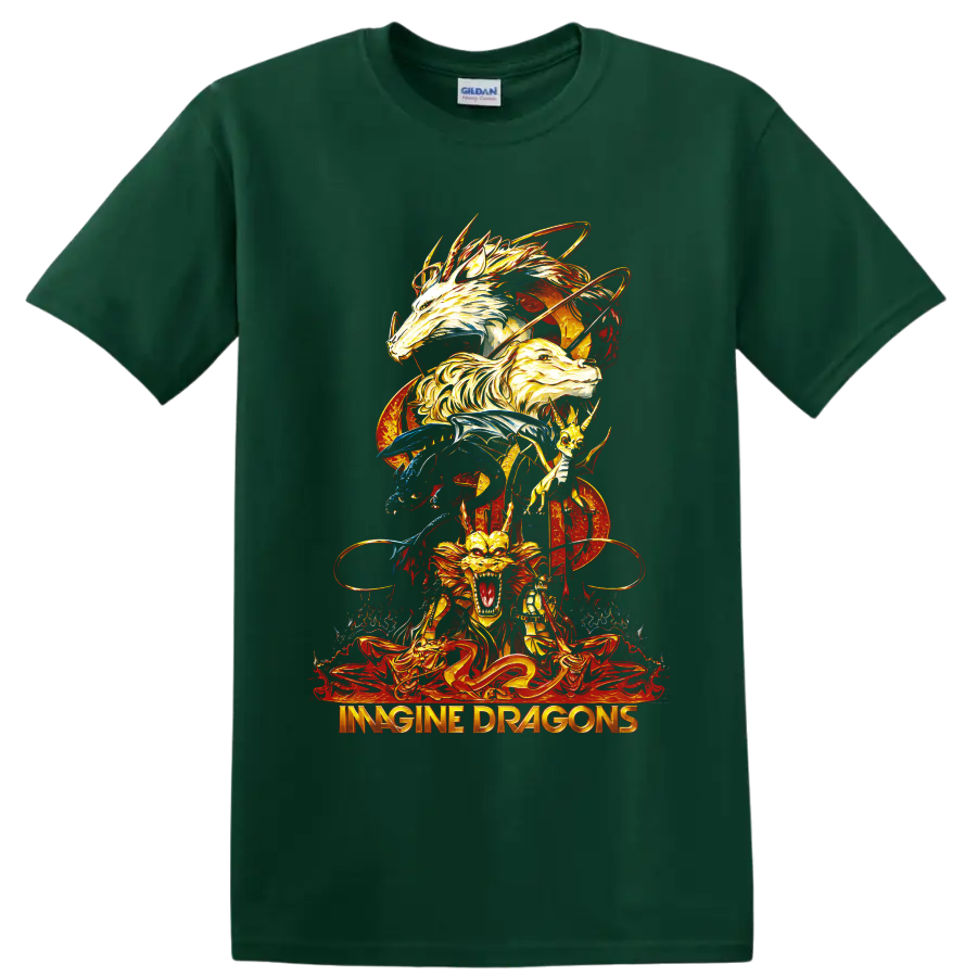 Imagine Dragons fantasy dragon artwork with fiery stacked dragons on a Forest Green T Shirt