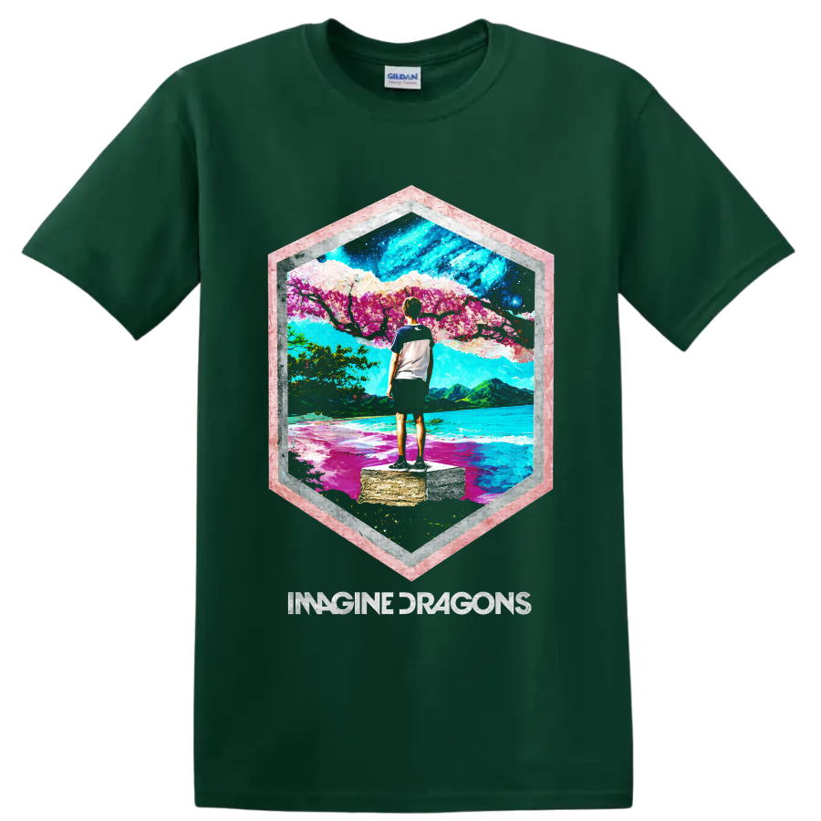Imagine Dragons colorful mountain lake landscape graphic with band text on a Forest Green T Shirt