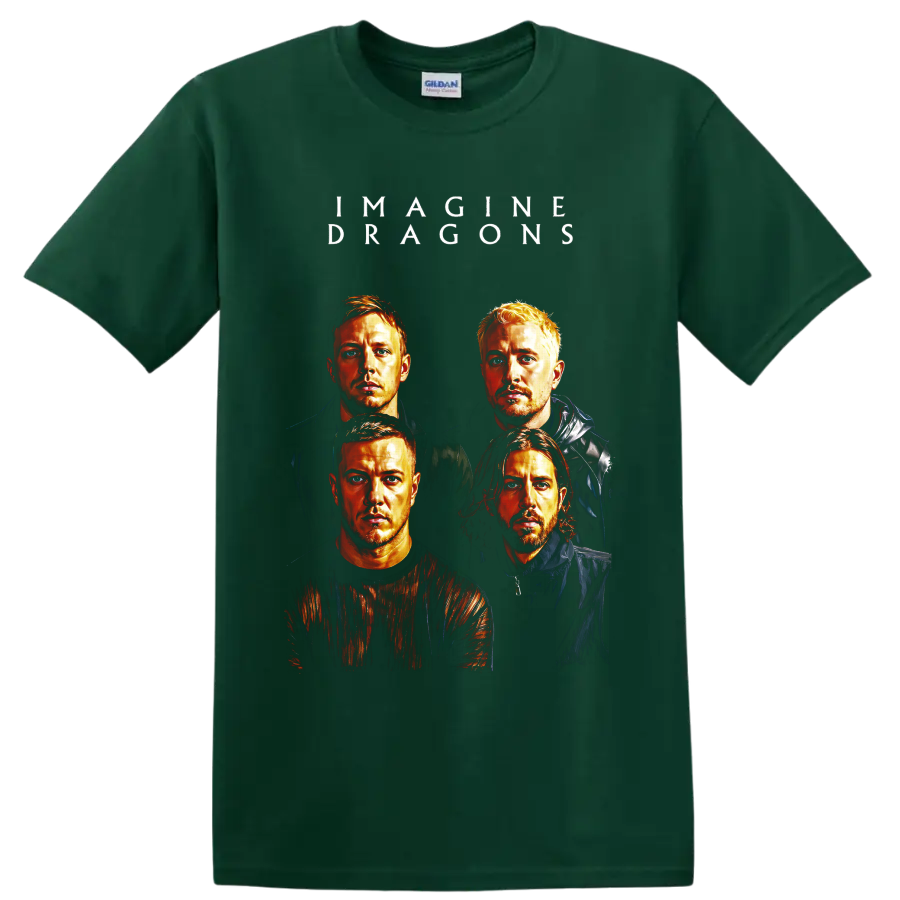 Imagine Dragons four-portrait rock band graphic with white lettering on a Forest Green T Shirt
