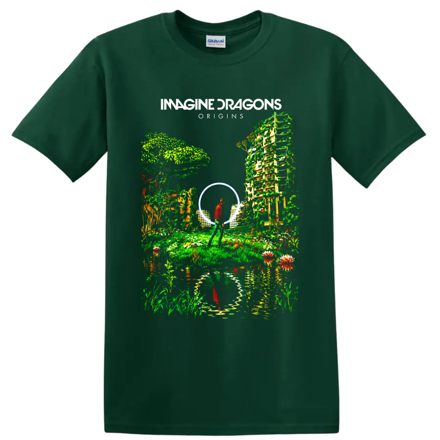 Imagine Dragons Origins surreal garden portal graphic with lone figure on a Forest Green T Shirt