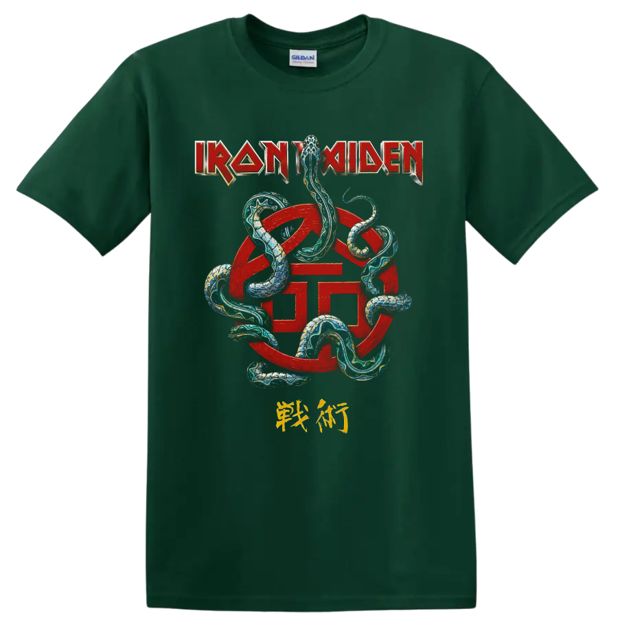 Iron Maiden logo with red emblem and intertwined serpent graphic on a Forest Green T Shirt