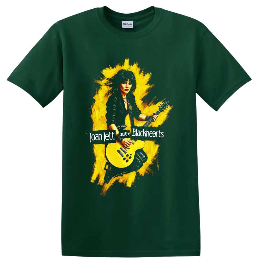 Joan Jett rock guitarist with yellow electric guitar graphic on a Forest Green T Shirt