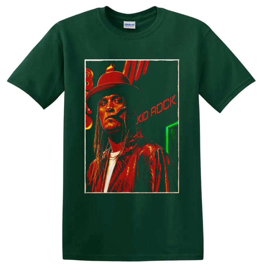 Kid Rock portrait in cowboy hat with distressed red rock graphic style on a Forest Green T Shirt