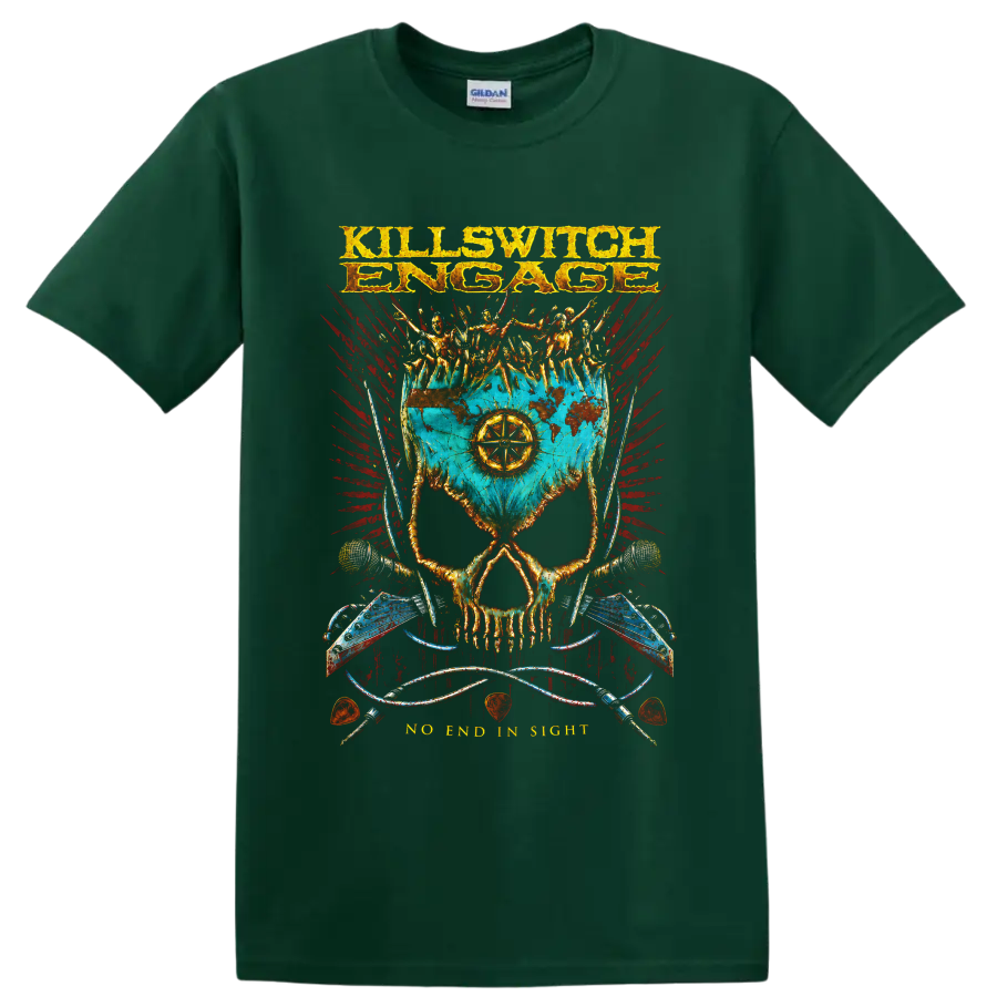 Killswitch Engage skull battle flag metalcore graphic with armored figures on a Forest Green T Shirt