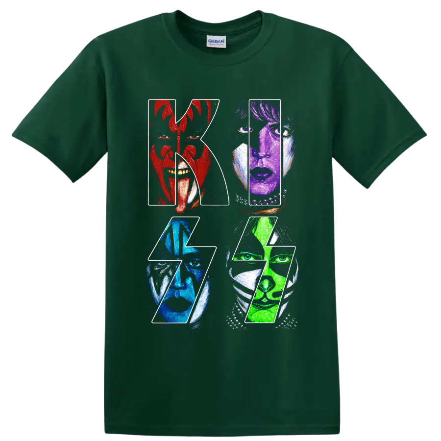 KISS rock band graphic with four colorful face-painted portraits on a Forest Green T Shirt