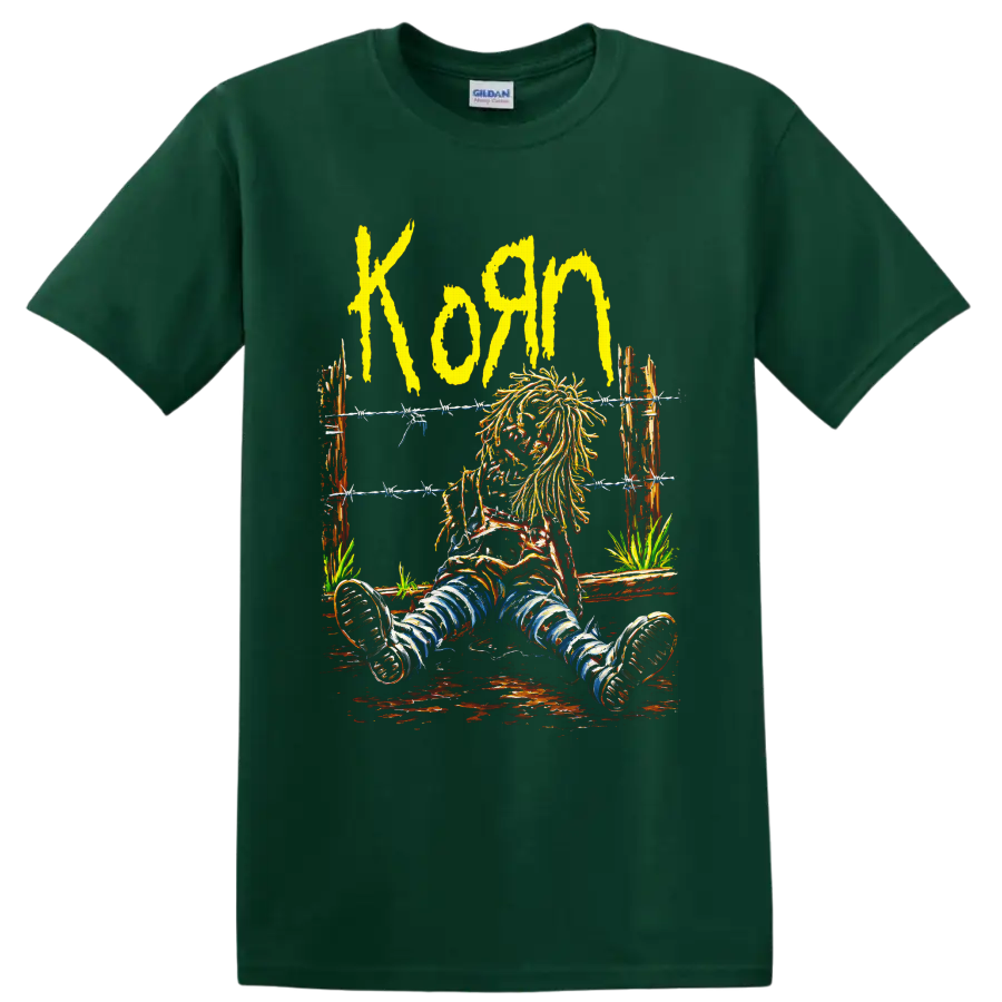 Korn yellow wordmark and seated long-haired figure behind barbed wire on a Forest Green T Shirt