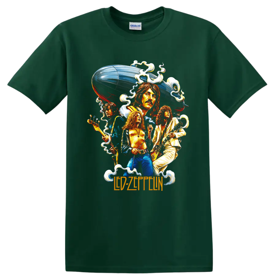 Led Zeppelin musicians with guitars, airship, and vintage rock graphic on a Forest Green T Shirt