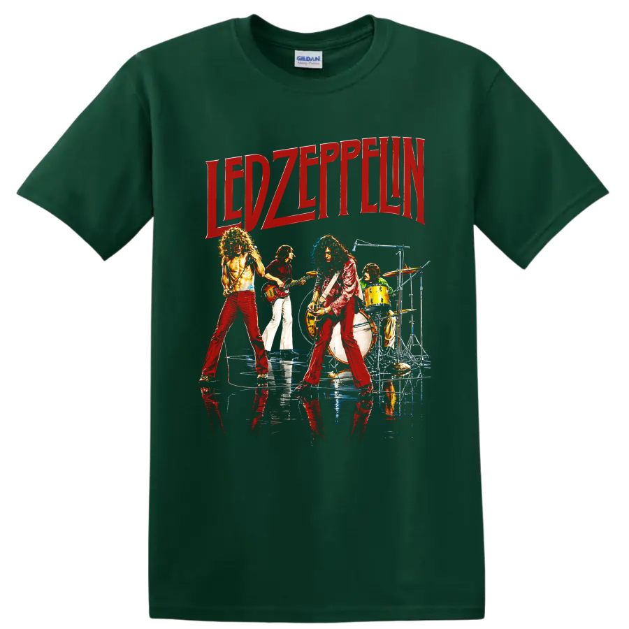 Led Zeppelin live concert graphic with red lettering and four musicians on a Forest Green T Shirt