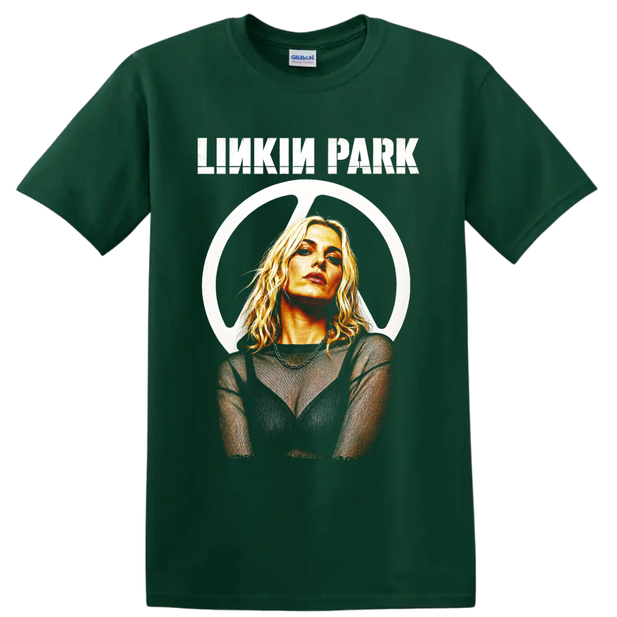 Linkin Park portrait graphic with distressed lettering and circular emblem on a Forest Green T Shirt