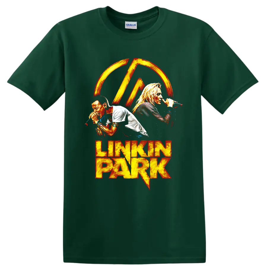 Linkin Park vocalist graphic print with fiery logo and lettering on a Forest Green T Shirt