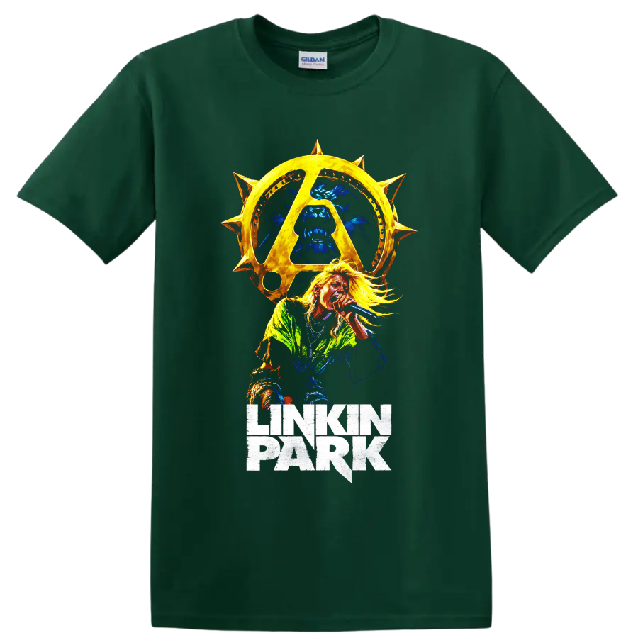 Linkin Park vocalist with golden spiked sun emblem graphic on a Forest Green T Shirt