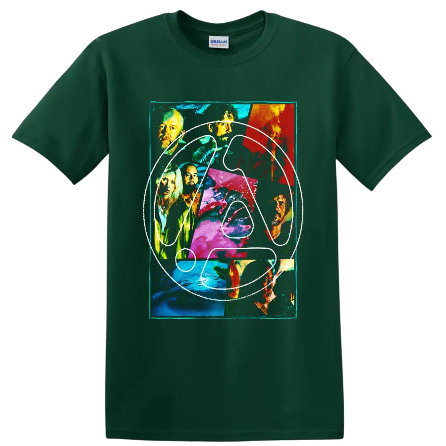 Linkin Park abstract portrait collage with colorful painted panels on a Forest Green T Shirt
