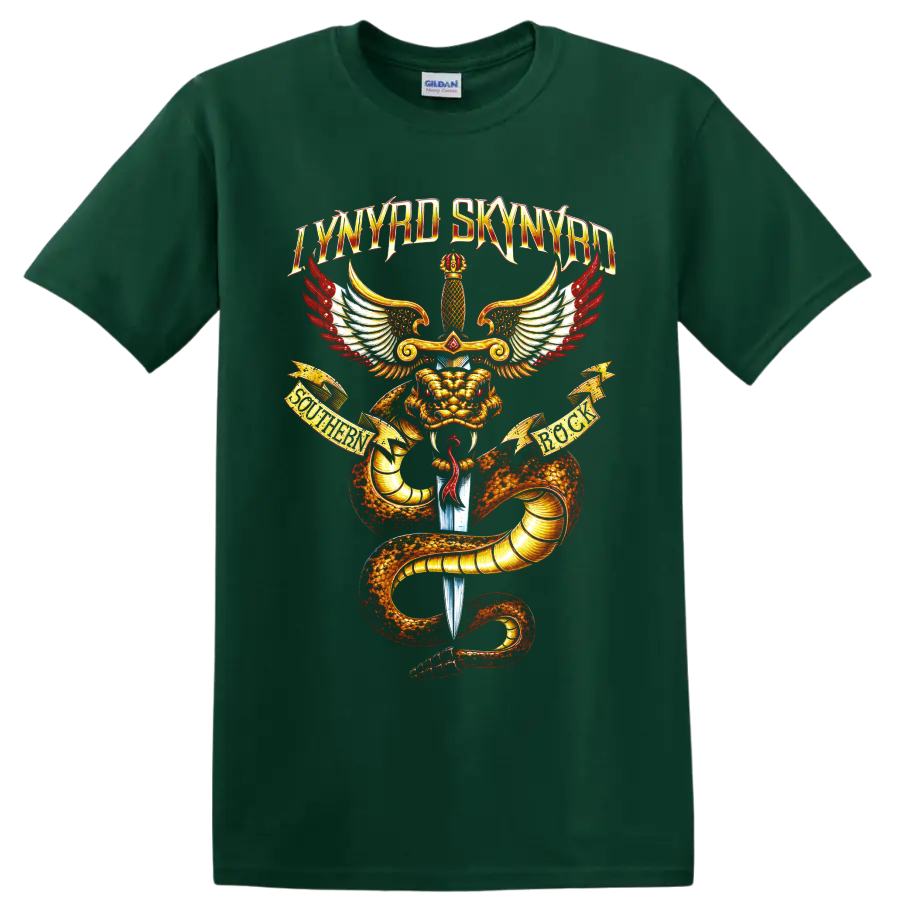 Lynyrd Skynyrd dragon, sword, and wings southern rock graphic on a Forest Green T Shirt