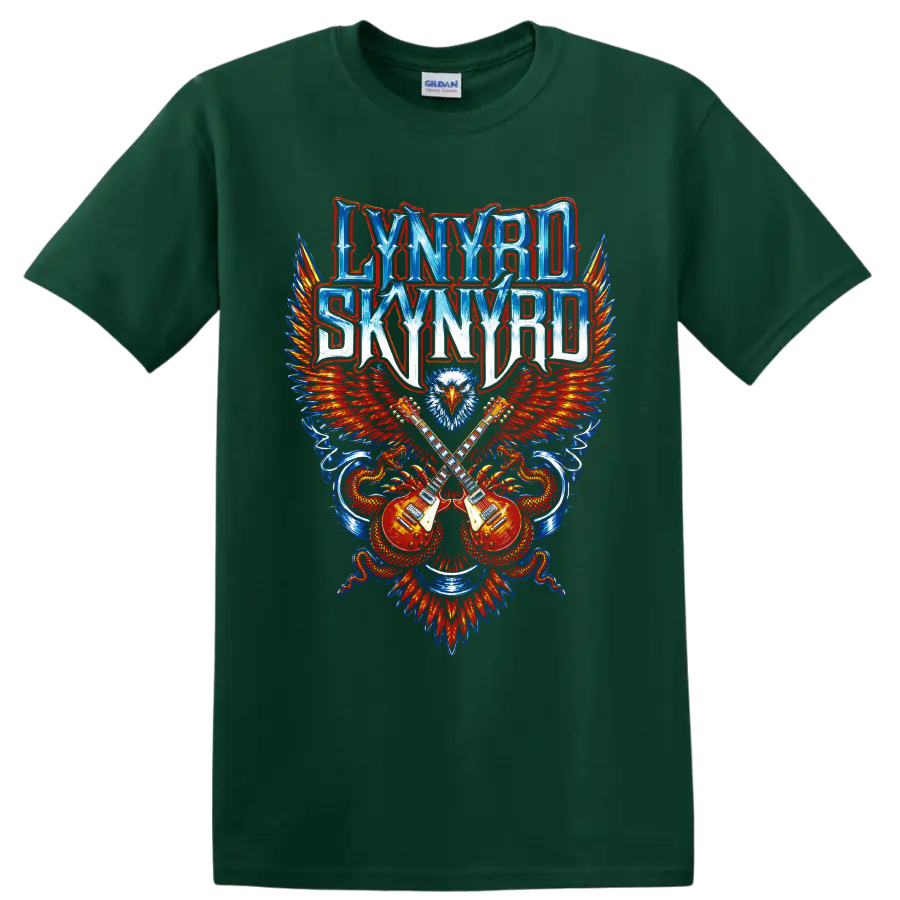 Lynyrd Skynyrd eagle and crossed guitars rock graphic on a Forest Green T Shirt