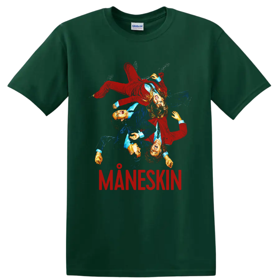 Måneskin rock band graphic with four performers and MANESKIN text on a Forest Green T Shirt